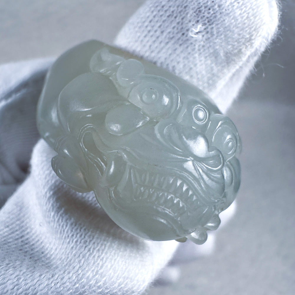 Greenish-White Seed Nephrite Taotie Thumb Ring with Sprinkled Gold Skin 20.5mm