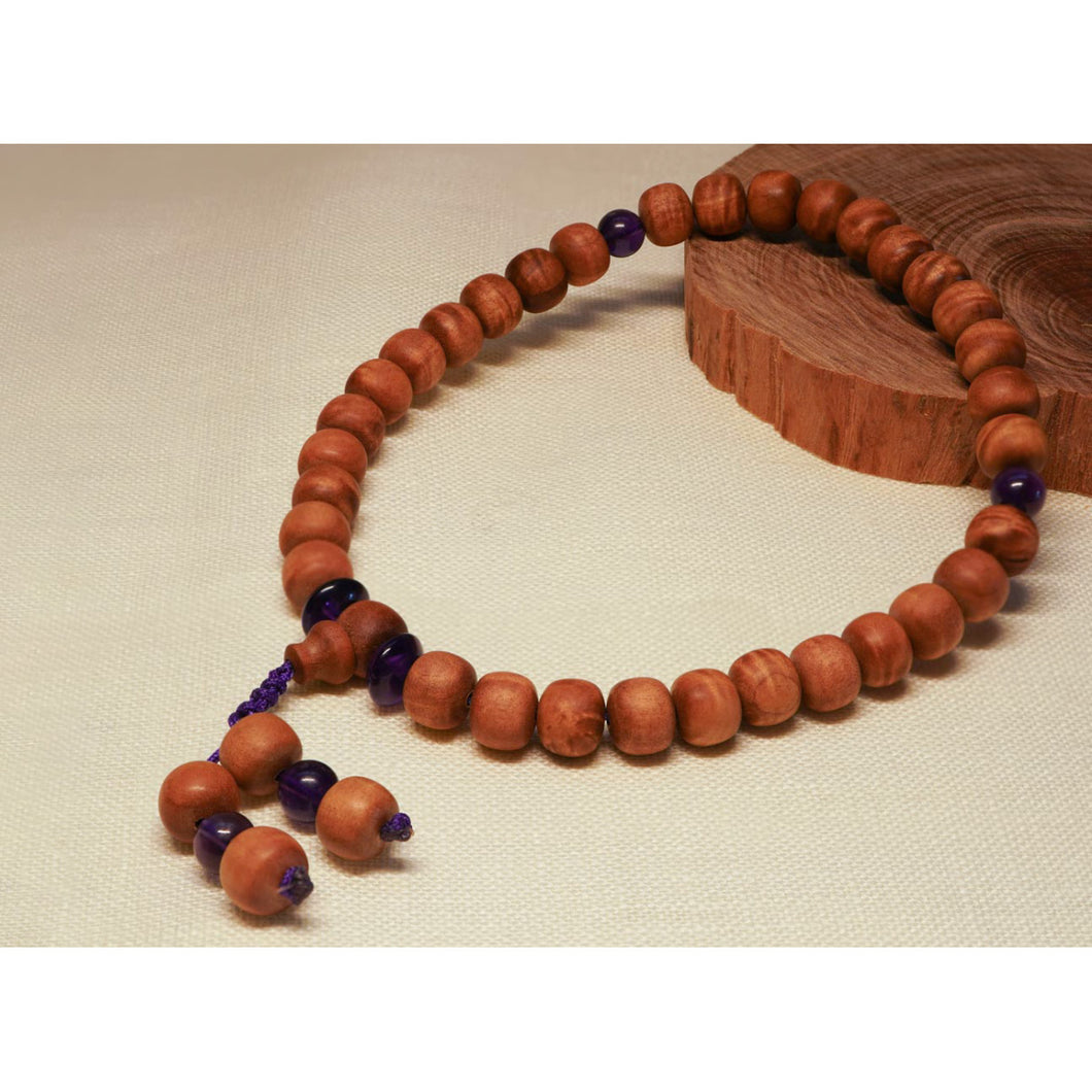 老山檀水波紋念珠 Mysore Sandalwood Figured 33 Barrel Beads Tasbih with Amethyst