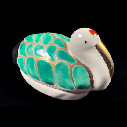 Porcelain Crane Kōgō — Green Fishnet Pattern with Gold Accents (Pre-loved)