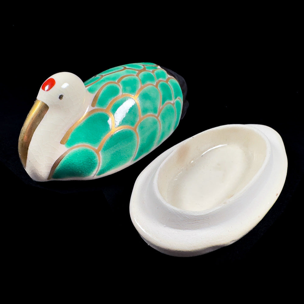 Porcelain Crane Kōgō — Green Fishnet Pattern with Gold Accents (Pre-loved)
