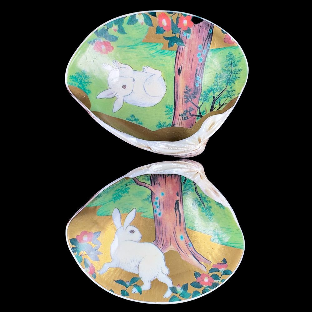 Japanese Hamaguri Shell Kōgō — White Rabbit Amid Verdant Foliage (Pre-loved)