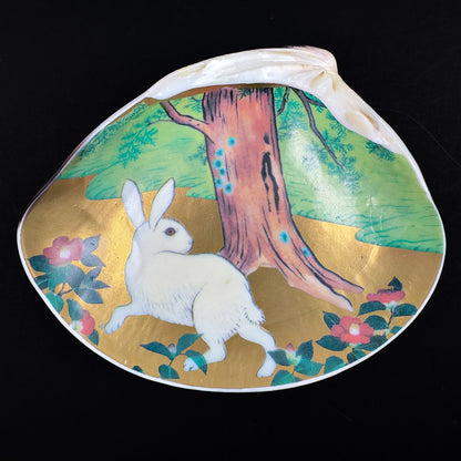 Japanese Hamaguri Shell Kōgō — White Rabbit Amid Verdant Foliage (Pre-loved)