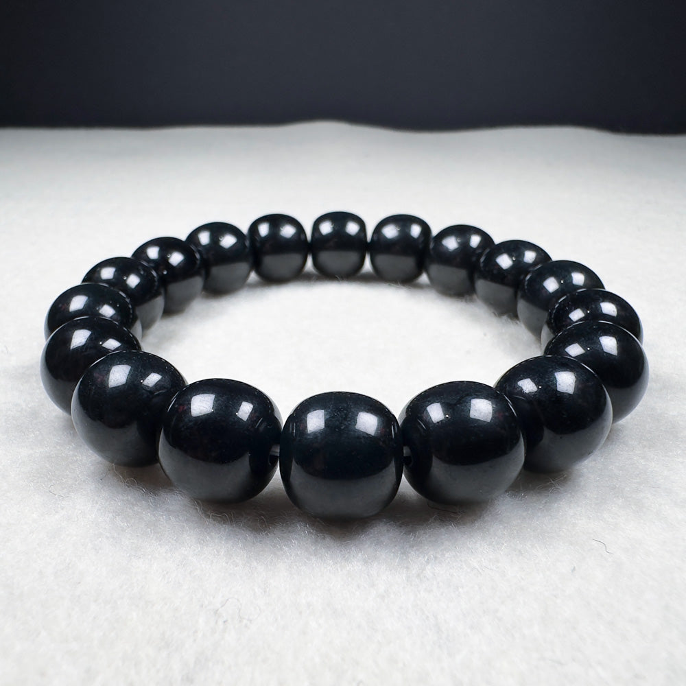 Black-green Nephrite Barrel Beads Bracelet 11.8 x 11.3mm x 18 Beads