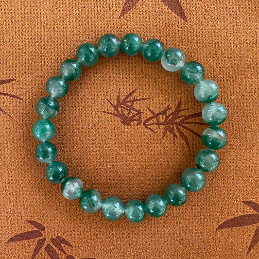 Icy African Jadeite Round Beads Bracelet with Floating Green Patterns 8mm x 23 Beads