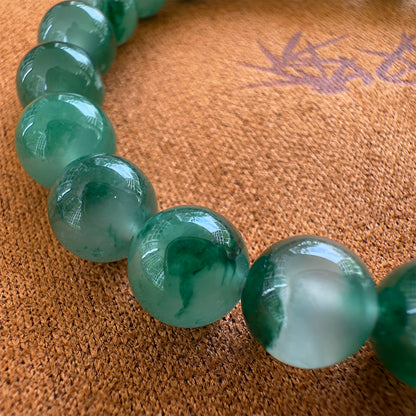 Icy African Jadeite Round Beads Bracelet with Floating Green Patterns 8mm x 23 Beads