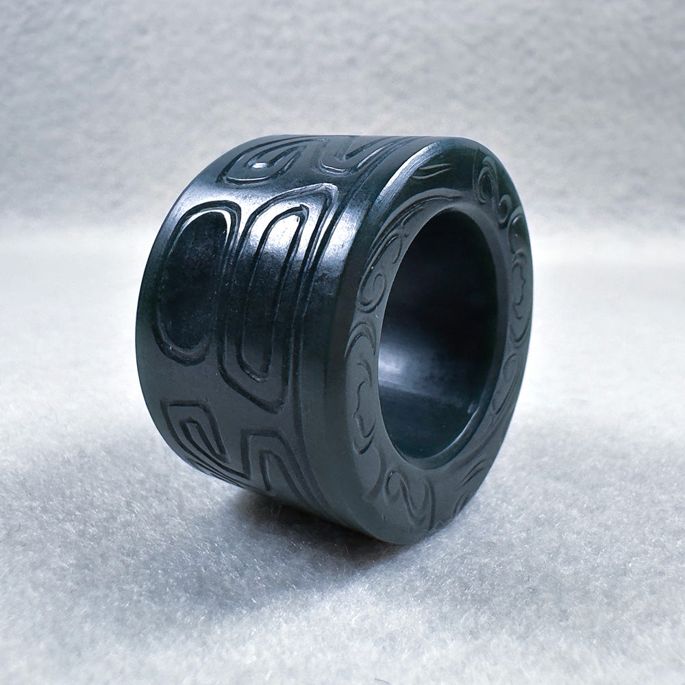 Taotie Motif Green Nephrite Thumb Ring 19.6mm