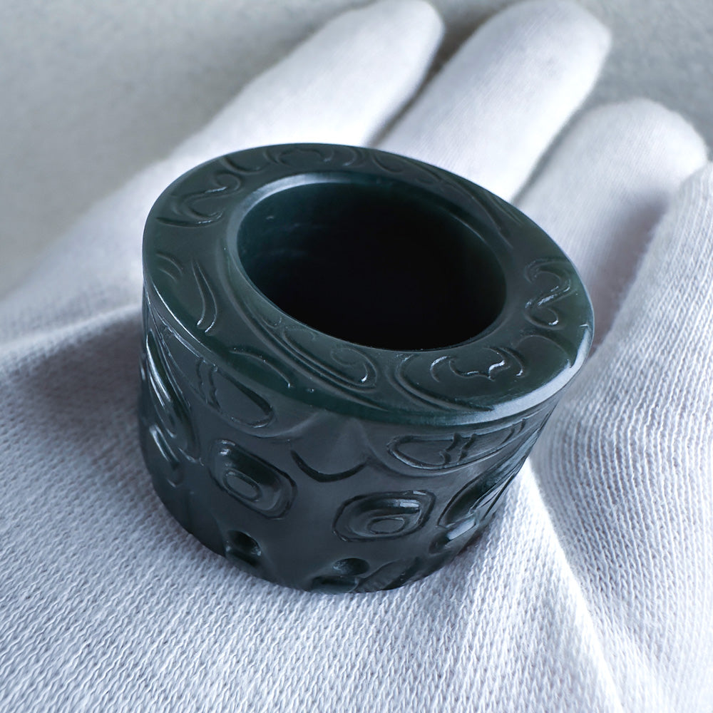 Taotie Motif Green Nephrite Thumb Ring 19.6mm