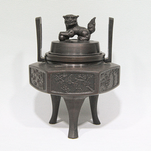 Hexagonal Bronze Kōro with Lion Finial