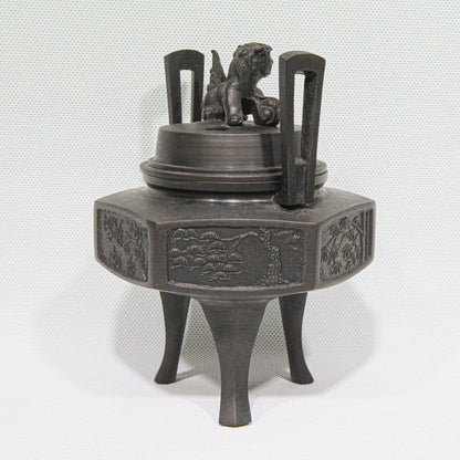 Hexagonal Bronze Kōro with Lion Finial