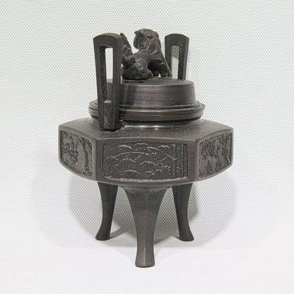 Hexagonal Bronze Kōro with Lion Finial