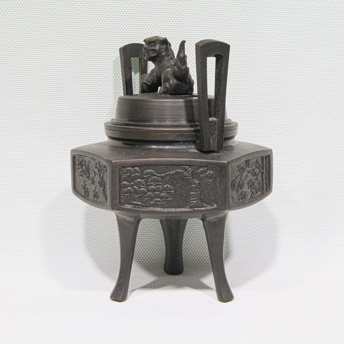 Hexagonal Bronze Kōro with Lion Finial