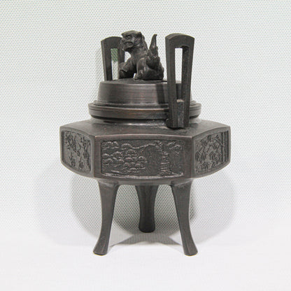 Hexagonal Bronze Kōro with Lion Finial