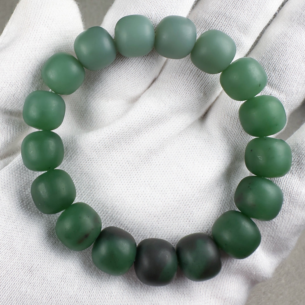 Russian Green Nephrite Barrel Beads Bracelet 12 x 11.3mm x 17 Beads