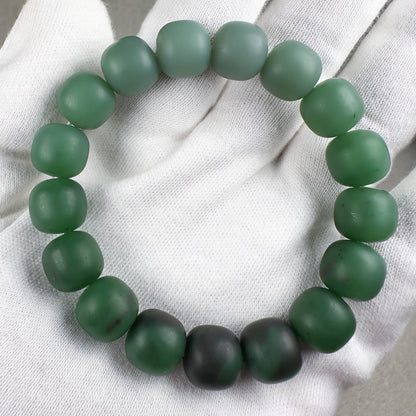 Russian Green Nephrite Barrel Beads Bracelet 12 x 11.3mm x 17 Beads