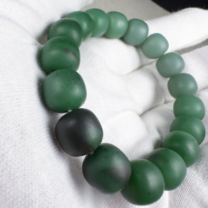 Russian Green Nephrite Barrel Beads Bracelet 12 x 11.3mm x 17 Beads