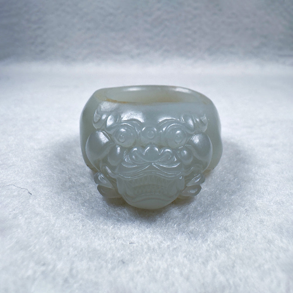 Greenish-White Seed Nephrite Taotie Thumb Ring with Sprinkled Gold Skin 20.5mm