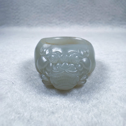 Greenish-White Seed Nephrite Taotie Thumb Ring with Sprinkled Gold Skin 20.5mm