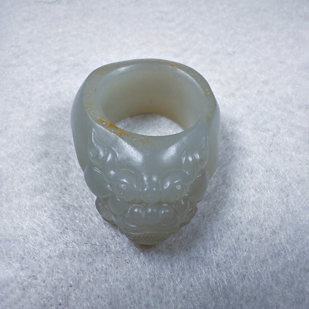 Greenish-White Seed Nephrite Taotie Thumb Ring with Sprinkled Gold Skin 20.5mm