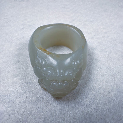 Greenish-White Seed Nephrite Taotie Thumb Ring with Sprinkled Gold Skin 20.5mm