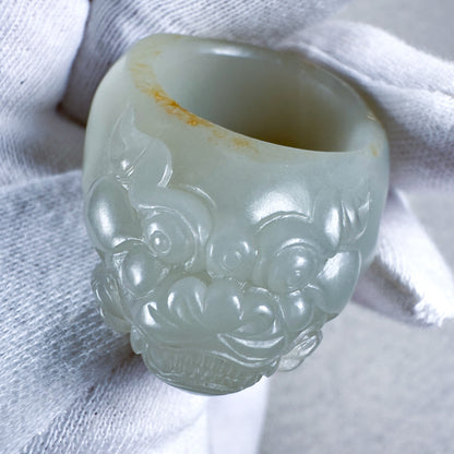 Greenish-White Seed Nephrite Taotie Thumb Ring with Sprinkled Gold Skin 20.5mm
