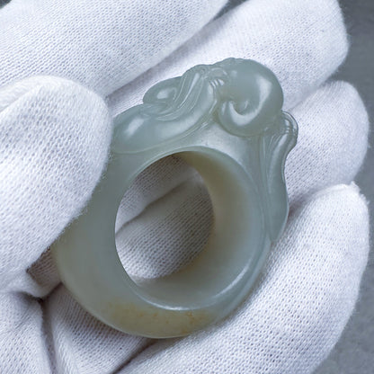 Greenish-White Seed Nephrite Taotie Thumb Ring with Sprinkled Gold Skin 20.5mm