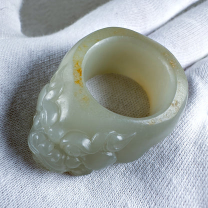 Greenish-White Seed Nephrite Taotie Thumb Ring with Sprinkled Gold Skin 20.5mm