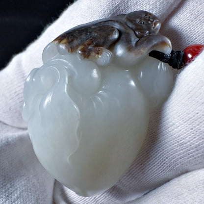 The Auspicious Black Playful Monkey on White Nephrite Longevity Peach with Ruyi Sceptre