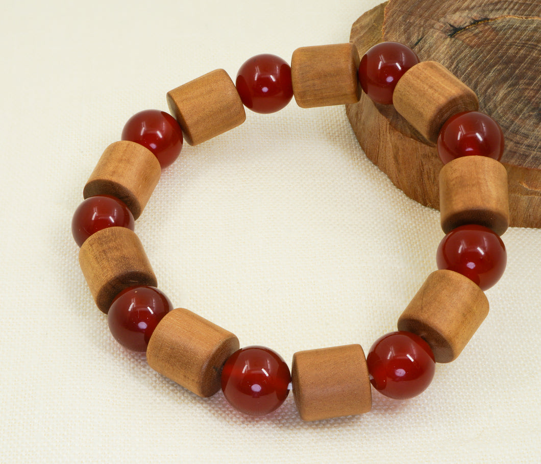 Mysore Sandalwood Barrel Beads with Agate Bracelet