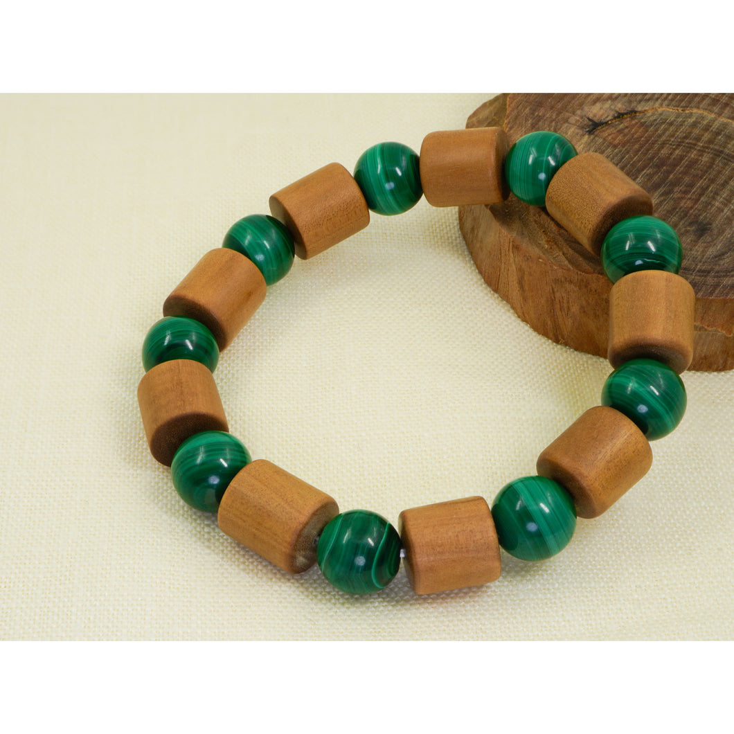 Mysore Sandalwood Barrel Beads with Malachite Bracelet
