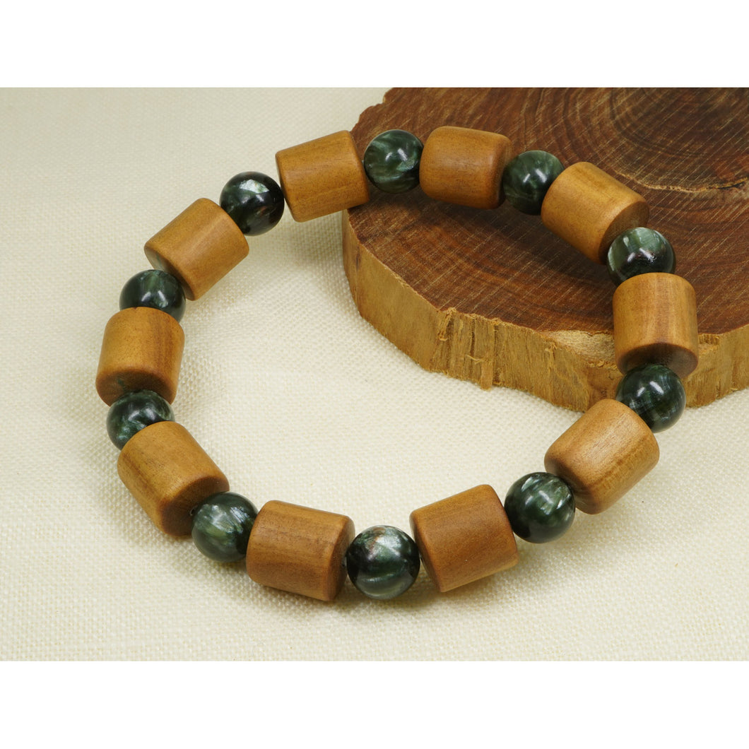 Mysore Sandalwood Barrel Beads with Seraphinite (Clinochlore) Beads Bracelet